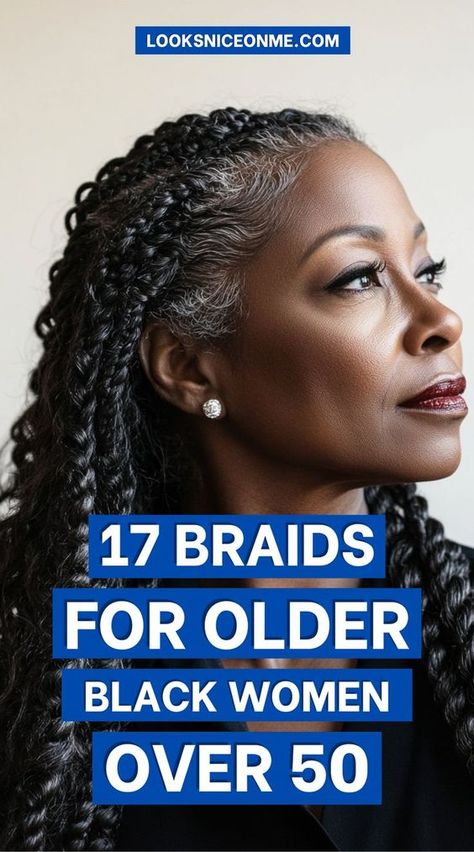 "Looking for graceful, age-appropriate braid styles? Discover stunning braids for Black women over 50, from elegant updos to protective twists that keep your hair healthy and beautiful. Perfect for any occasion! #ProtectiveStyles #BraidsForBlackWomen #TimelessBeauty" Braids With Grey Hair For Black Women, Hair For Vacation Black, Simple Crochet Braids, Quick Black Braided Hairstyles, Quick Braided Hairstyles For Short Hair, Soft Braids Hairstyles, Marley Hair Braids, Black Hair Styles Braids Ideas, Box Braids Styles For Black Women