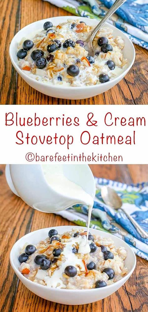 Blueberries and Cream Almond Oatmeal Blueberries And Cream Oatmeal, Oatmeal With Blueberries Breakfast, Oatmeal And Blueberries, Stovetop Oatmeal Recipes Breakfast, Oatmeal Recipes Blueberry, Thm Oatmeal Recipes, Stovetop Oatmeal Recipes, Arbonne Meals, Goddess Food