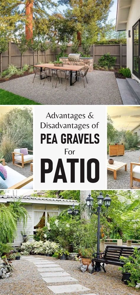 Pea Gravel Patio Diy Landscape Design, Patio Stones With Pea Gravel, Backyard Patio Gravel, Pea Gravel Small Backyard, Pebbled Patio Ideas, Small Gravel Patio, Back Garden Gravel Ideas, Backyard Ideas With Gravel, Pebble Stone Garden Ideas