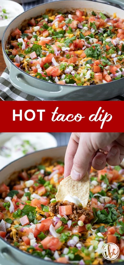 Elevate your appetizer game with this baked Hot Taco Dip, a flavorful twist on the classic taco dip. With ingredients like lean ground beef, seasoned black beans, tomatoes, onions, and a generous topping of cheese, it's a must-try for your next gathering. Quick to prepare and even quicker to disappear, it's sure to be a hit! Taco Salad Appetizer, Cowboy Taco Dip, Taco Dip No Cream Cheese, Pull Apart Taco Ring, Rotel Dip With Real Cheese, Mexican Dip Appetizers, Easy Taco Appetizers For A Party, Taco Themed Appetizers, Hot Dip With Ground Beef