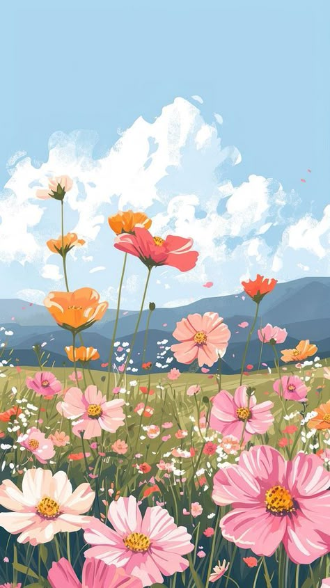 Flower landscape blossom field. | premium image by rawpixel.com Flower Scenery Painting Easy, Wildflower Field Wallpaper, Flower Field Mural, Field Flowers Drawing, Spring Landscape Illustration, Cute Landscape Wallpapers, Beautiful Nature Painting, Flower Landscape Drawing, Flower Scenery Painting