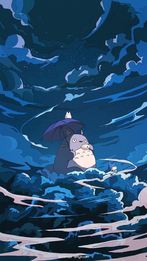 fanart of a scene from my neighbour totoro, totoro sitting atop trees Totoro Night Wallpaper, Studio Ghibli Digital Art, Blue Totoro Wallpaper, Ghibli Simple Wallpaper, Studio Ghibli Fanart Wallpaper, Studio Ghibli Night Wallpaper, Studio Ghibli Wallpaper Samsung, Ghibli Illustration Art, Blue Wallpaper Ghibli