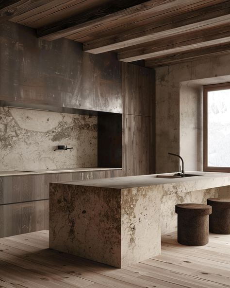 Rustic Concrete Kitchen, Raw Wood Interior Design, Brutalist Kitchen Design, Brutalist Kitchen, Kitchen Island Stone, Stone Kitchen Island, Wabi Sabi House, Kitchen Design Rustic, Natural Stone Kitchen