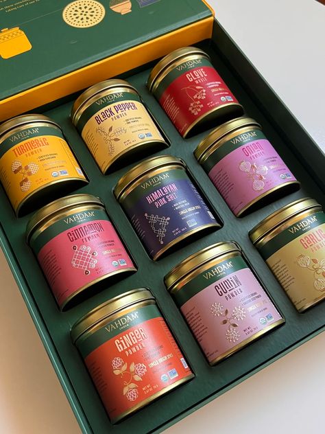 Vahdam Kitchen Essential Spice Box Review | POPSUGAR Food Food Gift Box Packaging, Spices Box Design, Spice Box Ideas, Repackaging Design, Masala Box Design, Spice Packaging Design Ideas, Spices Design, Spices Packaging Design, Spice Packaging Design