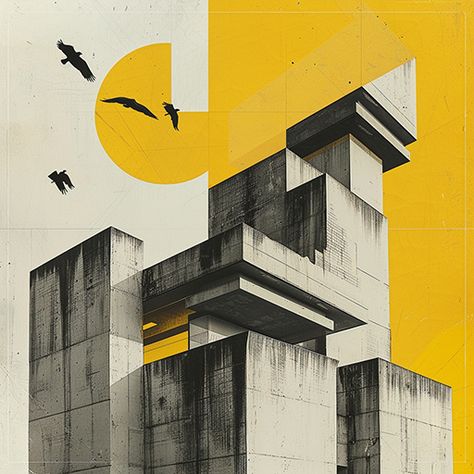 Abstract composition featuring modern architectural structures with bird silhouettes and a bright yellow backdrop. Combines geometric shapes and urban design elements. Architectural Abstract Art, Architecture Collage Concept, Architecture Poster Design, Composition Pictures, Texture Collage, Modern Architecture Photography, Architecture Elements, Collage Architecture, Baby Abstract Art