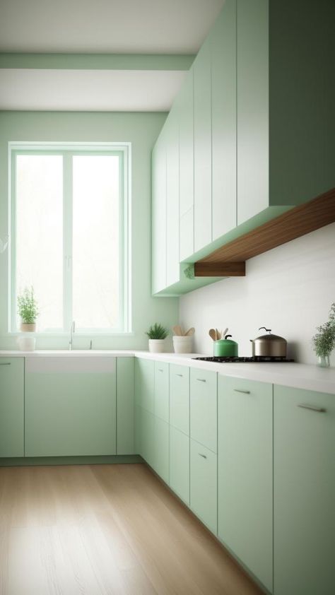 Beautiful Green Kitchen Decor Idea, minimalist mint green, natural with plants White And Mint Green Kitchen Ideas, Mint Green And Wood Kitchen, Mint Green Kitchen Walls, Mint Green Kitchen Ideas, Mint Green Kitchen Cabinets, Mint Green Kitchen, Green Kitchen Walls, Mint Kitchen, Mint Green Walls