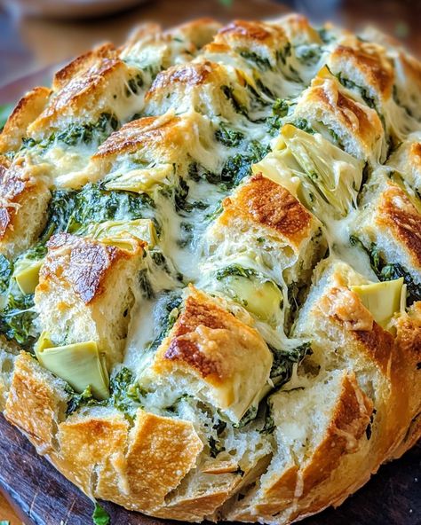 Cheesy Spinach and Artichoke Pull-Apart Sourdough Bread Cheesy Spinach Bread, Pull Apart Artichoke Bread, Savoury Pull Apart Bread, Spinach Artichoke Pull Apart Bread Easy, Spinach Artichoke Sourdough Bread, Garlic Sourdough Pull Apart Bread, Sourdough Pull Apart Cheese Bread, Leftover Sourdough Bread Uses, Artichoke Cheese Bread