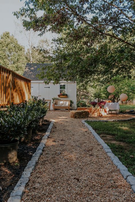 Patio Shed, Gravel Backyard, Pea Gravel Patio, Prefab Sheds, Gravel Patio, Bohemian Farmhouse, Pea Gravel, Old Cottage, Backyard Inspo