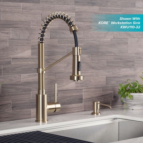 Kraus Bolden Spot Free Antique Champagne 1-handle Deck-mount Pull-down Handle Kitchen Faucet in the Kitchen Faucets department at Lowes.com Modern Farmhouse Kitchen Faucet, Kitchen Faucet Black, Commercial Style Kitchen, Kitchen Faucet With Soap Dispenser, Franklin House, Commercial Kitchen Faucet, Modern Kitchen Faucet, Cleaning Faucets, Kitchen Faucet With Sprayer