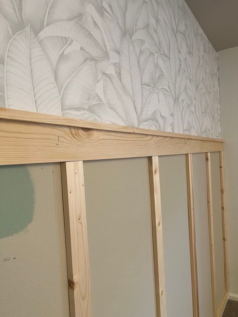 Batten Wall And Wallpaper, Wainscotting And Wallpaper Nursery, Board And Batten Walls With Wallpaper, Waynes Coating Ideas Nursery, Half Wallpapered Wall, Board And Batten With Wallpaper Nursery, Chair Rail Ideas With Wallpaper, Wainscoting And Wallpaper Bedroom, Nursery Wainscoting Ideas