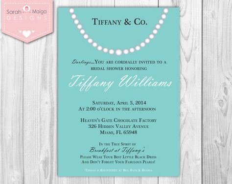 Tiffany and Co. Blue & White Pearl Necklace by sarahmaigadesigns, $29.00 Tiffany Wedding Invitations, Brunch Quotes, Tiffany Blue Bridal Shower, Blue Bridal Shower Invitations, Tiffany Bridal Shower, Tiffany's Bridal, Girls Brunch, Blue Bridal Shower, Baby Shower Brunch