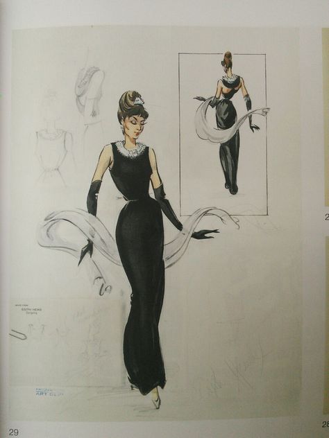 Original Holly Golightly sketch by Edith Head. Pencil Costume, Edith Head Sketches, Breakfast At Tiffany's Dress, Edith Head Designs, Edith Head Fashion, Watercolour And Pencil, Givenchy Dress, Edith Head, Arte Grunge