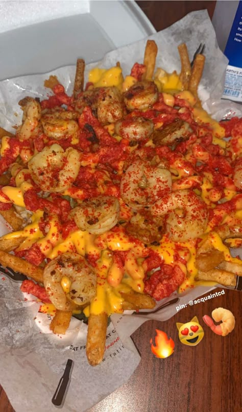 loaded fries with cheese, shrimp, and hot cheetos 🥵 pin: @acquaintcd Hot Fries Chips Aesthetic, Hot Cheetos Seafood, Hot Cheeto Food Ideas, Hot Cheetos Snack Ideas, Spicy Snacks For Party, Lime Hot Cheetos, Hot Cheetos With Cheese, Hot Cheetos Aesthetic, Takis Recipe Ideas