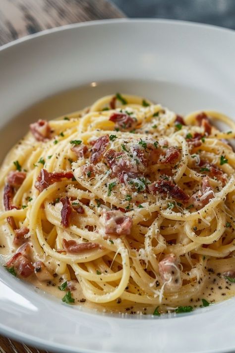 Pasta Carbonara Aesthetic, Dinner Recipes With Bacon, Bacon Carbonara Pasta, Pasta Dinner Party, Creamy Carbonara Pasta, Cheesey Pasta, Good Looking Food, Spagetti Carbonara, Bacon Spaghetti