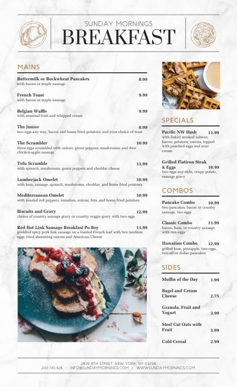 Morning Breakfast Menu Example Design Template by MustHaveMenus Fine Dining Breakfast, Brunch Menu Design, Breakfast Menu Design, Breakfast Menu Ideas, Cocktail Book Design, Fine Dining Menu, Menu Design Layout, Menu Sans Gluten, Brunch Restaurant