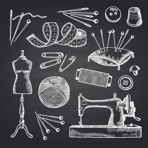 Set of hand drawn sewing elements on black chalkboard illustration. tools for hand work and sew Premium Vector | Premium Vector #Freepik #vector #vintage #hand #line #fashion Chalkboard Illustration, Illustration Tools, Sewing Machine Drawing, Sewing Aesthetic, Vintage Mannequin, Procreate Ipad Art, Sewing Equipment, Black Chalkboard, Relief Print