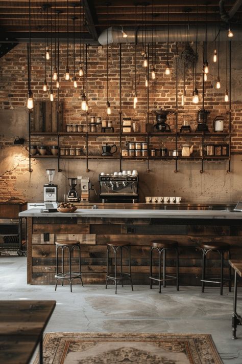 29 Coffee Bar Styling Ideas 4 Bar Design Ideas Pub, Industrial Design Bar, Cafe And Bar Design, Bistro Bar Design, Industrial Aesthetic Interior Design, Cool Cafe Interiors, Commercial Coffee Bar, Industrial Cafe Design, Bar Ideas For Restaurants