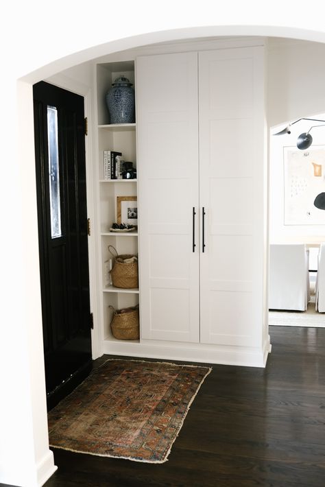 Our Ikea Pax Entry & Coat Closet - Danielle Moss Ikea Coat Closet, Coat Closet Ideas, Coat Cupboard, Front Hall Closet, Entry Cabinet, Pax Closet, Ikea Entryway, Front Closet, Mudroom Closet