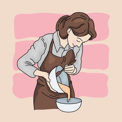 simple woman cooking and bake for decoration bakery cake Baking Illustration Art, Baking Art Illustration, Baking Aesthetic Cartoon, Bake Drawing, Someone Cooking Drawing, Cooking Drawing Easy, Baking Animation, Baking Sketch, Baking Ingredients Drawing