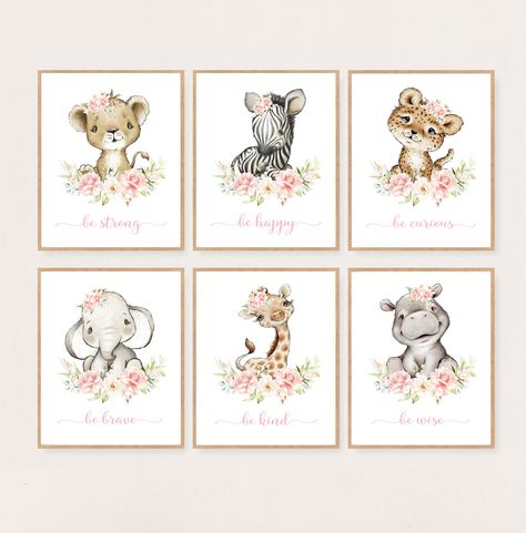 Safari Nursery Decor, Girl Nursery Wall Art, Pink Floral Nursery Decoration, Safari Nursery Print, Girl Room Decor, Safari Girl Nursery Baby Girl Nursery Animal Theme, Baby Girl Jungle Nursery, Baby Girl Animal Nursery, Pink Safari Nursery, Safari Nursery Girl, Pink Floral Nursery, Girl Nursery Wall Art, Safari Nursery Prints, Safari Animals Nursery