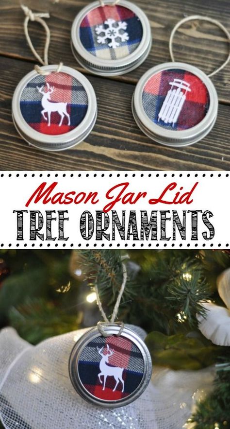 Mason Jar Lid Tree Ornaments. These are SO cute and easy to do. Customize with whatever material you would like. Mason Jar Lid Ornaments, Jar Lid Ornaments, Lid Ornaments, Mason Jar Lids Ornaments, Mason Jar Lid, Christmas Crafts For Adults, Diy Christmas Tree Ornaments, Easy Christmas Diy, Christmas Ornaments Homemade