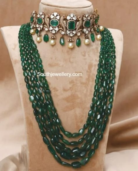 Choker With Long Necklace Indian, Long Beads Necklace Indian, Emerald Beads Haram, Emerald Long Necklace, Emeralds Beads Jewellery, Emerald Jewelry Necklace Indian, Emralds Beeds Necklace, Saree Jewellery Necklaces, Emerald Necklace Indian Gold Jewellery