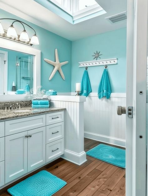 Small Coastal Bathroom Ideas, Small Coastal Bathroom, Beach Theme Bathroom Decor, Aqua Bathroom, Turquoise Bathroom, Beachy Bathroom, Beach House Bathroom, Beach Theme Bathroom, Beach Bathroom Decor