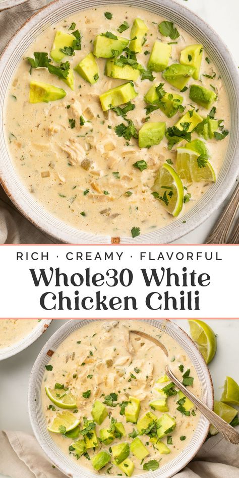 This white chicken chili is super rich and creamy, with tons of flavor, AND it’s Whole30 compliant! Dairy-free, grain-free, and gluten-free, this soup recipe fits perfectly into a round, and your family wouldn’t even know it’s paleo. Quick and easy to make in under 30 minutes, too! White Chicken Chili Whole 30 Crock Pot, Whole 30 White Chicken Chili Instant Pot, Whole30 Chicken Chili, Paleo Chicken Crockpot Recipes Whole 30, Lactose Free White Chicken Chili, Whole 30 Chicken Chowder Recipe, White Chicken Chili Aip, Whole 30 Fall Crockpot Recipes, Gluten And Dairy Free Main Dishes