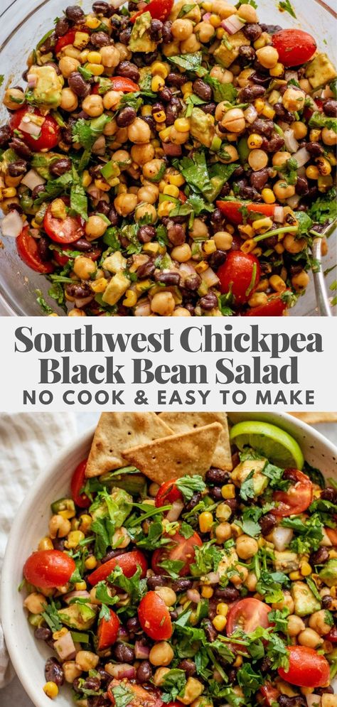 This Southwest Chickpea Black Bean Salad comes together in 15 minutes with a delicious zesty chili lime vinaigrette. Easy to make and prep for the week ahead! Chili Lime Bean Salad, Chickpeas Black Beans Salad, Healthy Salads No Lettuce, Black Bean Garbanzo Salad, Southwest Meal Prep, Easy High Protein Salad Recipes, Chickpea Salsa Recipes, Lunches With Black Beans, Southwest Chickpea Salad