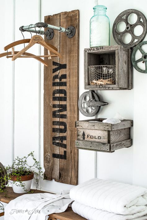 Creating an industrial farmhouse reclaimed wood and pipe LAUNDRY sign hanging station with crate shelves, with Funky Junk's Old Sign Stencils and Fusion Mineral Paint | funkyjunkinteriors.net Interior Design Minimalist, Upcycled Projects, Crate Shelves, Farmhouse Laundry, Farmhouse Laundry Room, Laundry Room Storage, Laundry Mud Room, Funky Junk, Laundry Room Makeover