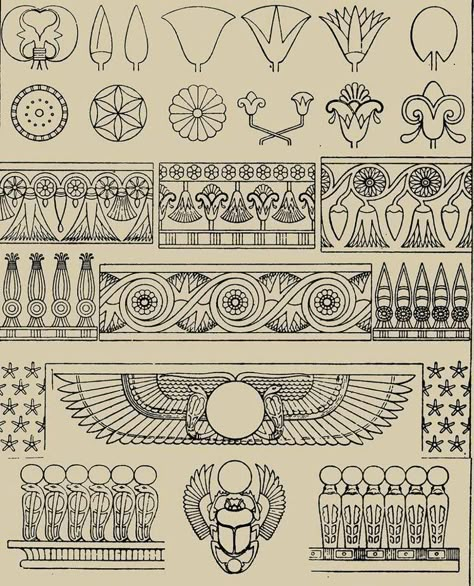 Egyptian Design Pattern, Egyptian Ornamented, Egyptian Drawings, Egyptian Pattern, Egyptian Motifs, Egypt Tattoo, Egyptian Design, Ancient Egypt Art, Egyptian Tattoo