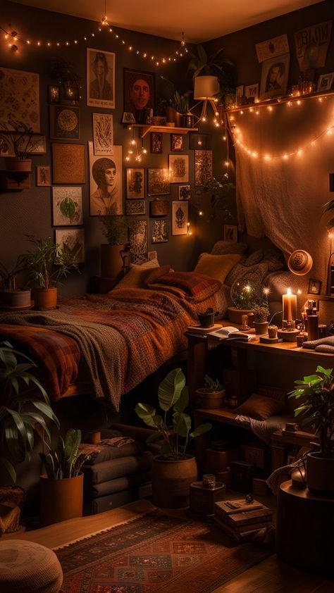 Room Decor Cozy Bedroom, Hippy Boho Room Ideas, Mushroomcore Bedroom, Room Design Bedroom Aesthetic, Studio Apartment Lighting, Whimsical Room Ideas, Space Aesthetic Bedroom, Aesthetic Apartment Bedrooms, Studio Ideas Apartment