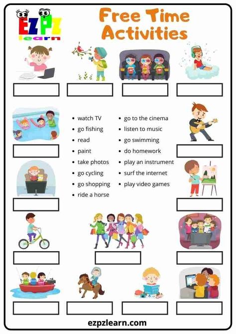 Freetime Activities Worksheet, Esl Primary School Activities, Free Time Activities Worksheets, English Class Activities, Worksheet Activities For Kids, Esl Activities For Kids, Activities Worksheets For Kids, Games Worksheet, Activities In English