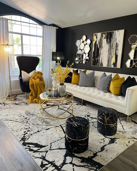 Army Green Living Room Decor, Black And White Living Room Decor With Pops Of Color, Apartment Decorating Black And Gold, Black Brown And Gray Living Room, Black Living Room Color Scheme, Women Boutique Interior, Black And Gold House Decor, Grey Family Room Ideas, Gold And Black Living Room Ideas