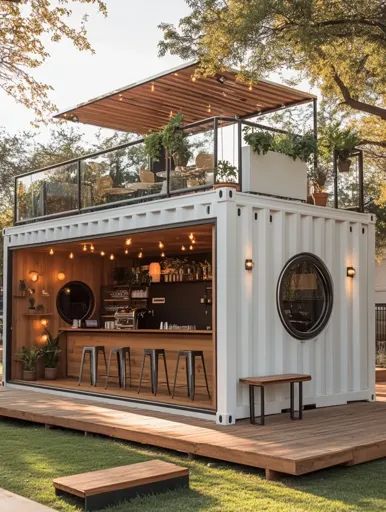 ↑↑↑ Larger size on website 🔸 A modern bar constructed from a shipping container features a wooden deck, a large circular window, Shipping Container Bar, Circular Windows, Sleek Lighting, Circular Window, White Container, Shipping Container Design, Container Restaurant, Container Cafe, Outdoor Restaurant Design