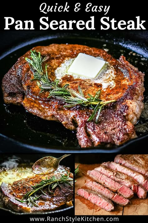 Stovetop Steak, Iron Steak Recipes, Steak Recipes Pan, Ribeye Recipe, Steak On Stove, Flat Iron Steak Recipes, Skillet Recipes Dinner, Nice Meals, Cast Iron Skillet Recipes Dinner