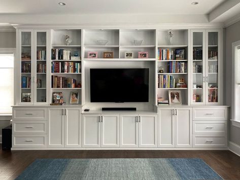 Wall To Wall Tv Cabinet, Bookcase Cabinet Wall Units, Built In Bookcase Around Tv, Living Room Built In Units, Built In Media Center, Bookcase Makeover, Floor To Ceiling Bookshelves, Dnevna Soba, Tv Built In