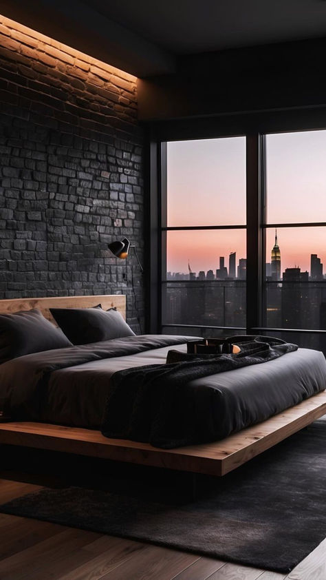 Young Mans Bedroom Ideas, Young Mans Bedroom, Elegant Modern Bedroom, Modern Bachelor Pad, Black Bedroom Design, Low Profile Bed, Masculine Bedroom, Black Rooms, Dark Bedroom