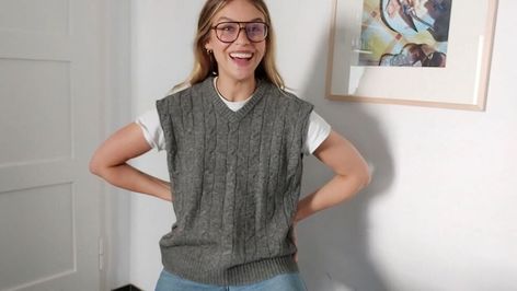 Sweater To Vest Refashion, How To Make A Vest From A Sweater, Deconstructed Sweater Diy, Sweater Into Vest Diy, Cropping A Sweater, Diy Sweater Vest From Sweater, Diy Sweater Vest, Upcycle Old Sweaters, Embroider Clothes