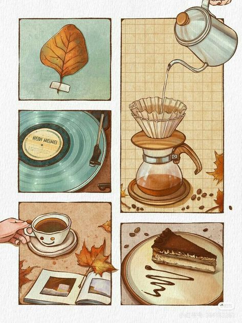 Wallpaper Desktop Coffee, Coffee Art Journal, Books And Coffee Illustration, Coffee And Book Drawing, Autumn Illustration Aesthetic, Comic Style Art Illustration, Coffee Drawing Aesthetic, Coffee Aesthetic Art, Whimsical Art Journal