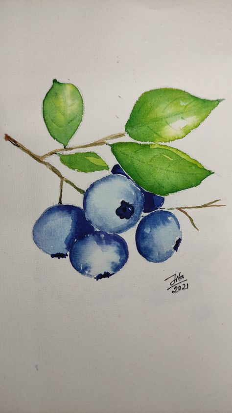 Art With Watercolor Easy, Watercolor Blueberries Tutorial, Blueberry Watercolor Painting, Fruit Watercolor Painting Easy, Watercolor Fruit Tutorial, Watercolour Blueberries, Watercolor Art Step By Step, Easy Water Painting, Watercolour Branding