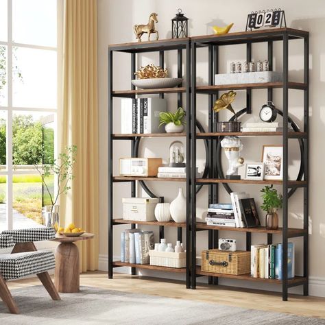 17 Stories 70.9'' H X 27.55'' W Etagere Bookcase | Wayfair Modern Shelf Styling, Modern Shelf Design, Bookshelf Industrial, Industrial Bookcase, Rustic Books, Rustic Bookshelf, Industrial Bookcases, Industrial Bookshelf, Metal Bookcase