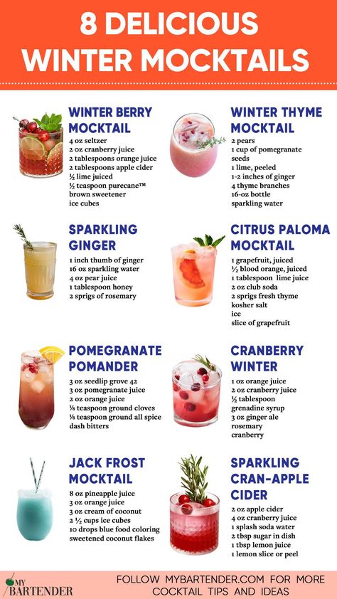 Alcoholic Free Drinks, Mocktails For Superbowl, Dry January Mocktail, Mocktail Recipe New Years, Winter Party Drinks Nonalcoholic, At Home Mocktails, Christmas Mocktail Recipe Non Alcoholic, Good Mocktail Recipes, Christmas Drink Mocktail