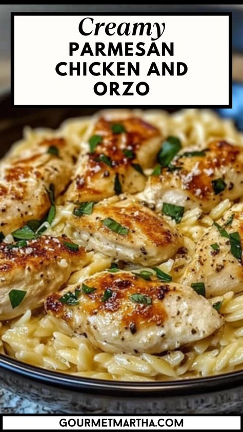 This delicious one-pan Creamy Parmesan Chicken and Orzo is the ultimate comfort meal. Tender chicken, creamy orzo, and rich Parmesan come together for an easy, satisfying dinner perfect for any night of the week. Whip up something special – get the recipe now #CreamyParmesanChicken #EasyDinnerRecipe #OnePanMeal #ChickenAndOrzo #ComfortFood #WeeknightDinner #QuickDinnerIdeas #FamilyDinner #ParmesanChicken #OrzoRecipe Orzo Creamy Parmesan, Easy Dinner Ideas For Two Crockpot, Dinner For Three Easy, Tasty Supper Ideas, Creamy Chicken And Orzo Skillet, Creamy Parmesan Orzo With Chicken And Asparagus, Orzo Chicken Crockpot Recipes, Dutch Oven Chicken Pasta, Creamy Parmesan Chicken Orzo