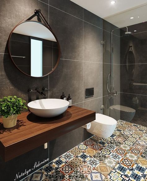 Moroccan Washroom, Modern Mexican Bathroom, Modern Moroccan Bathroom, Small Luxury Bathroom, Bathroom Wall Tile Design, Moroccan Bathroom, Bathroom Design Styles, Ceramic Tile Bathrooms, Bathroom Design Layout