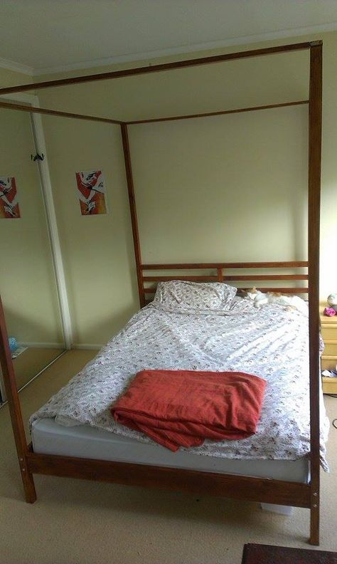 We hacked the IKEA TARVA bed into a four poster bed. The four legs were exchanged against four long legs of same with (42*42mm). Ikea Canopy Bed Hack, Ikea Neiden Bed Hack, Tarva Ikea Bed, Tarva Bed, Bed Frame Hack, Tarva Ikea, Brimnes Bed, Ikea Bed Hack, Bedroom Attic