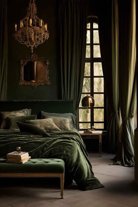 Green Bedroom Rattan Accessories, Dark Green Bedroom, Dark Academia Bedroom, Moody Bedroom Ideas, Academia Bedroom, Green Bedroom Design, Green Bedroom Ideas, Dark Green Walls, Teal Bedroom