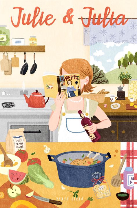 Cooking Illustration Drawing, Kitchen Illustration Drawings, Kitchen Illustration Art, Baker Illustration, Julie Julia, Cooking Drawing, Food Animation, Cooking Illustration, Cook Illustration