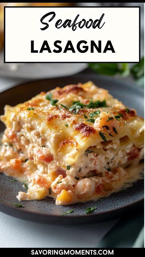 Treat yourself to the ultimate seafood lasagna with lobster and shrimp! This decadent, restaurant-style dish features tender seafood layers and a creamy, flavorful sauce that will make any dinner special.  #UltimateSeafoodLasagna #LobsterLasagna #ShrimpLasagna #SeafoodLovers #GourmetLasagna #SeafoodDinner #PastaBake #RestaurantStyleRecipe #DinnerIdeas Dinner Recipes With Seafood, Chicken Dinner Ideas For Diabetics, Lasagna Recipe Seafood, Parisian Dinner Recipe, Lazy Seafood Pan, Seafood Dish For Christmas, Seafood Alfredo Lasagna, Seafood Supper Ideas, Shrimp Recipes For Christmas Dinner