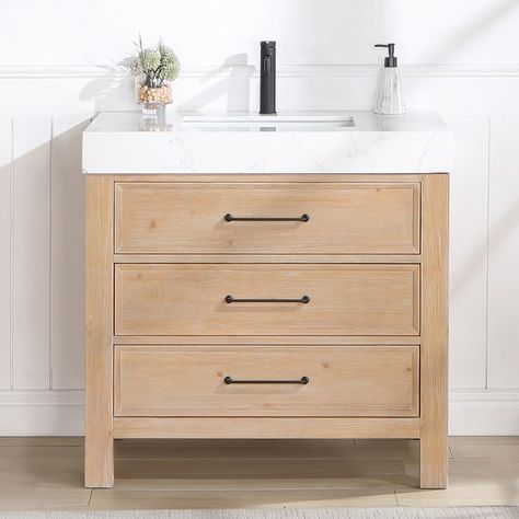 Leon 36 in. Single Bathroom Vanity in Fir Wood with Composite top - Bed Bath & Beyond - 37633096 Tiny Bathroom Vanity, 24 Inch Vanity, Powder Room Remodel, 24 Inch Bathroom Vanity, 30 Vanity, Ceramic Undermount Sink, Drawer Inserts, Matte Black Hardware, Bathroom Vanity Base